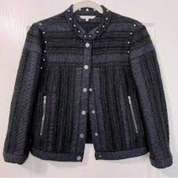 Rebecca Minkoff Navy Blue and Black Studded Tweed Jacket - Size 2 - Picture 8 of 8